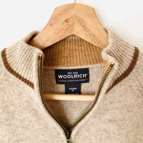𝅺Woolrich Women’s Lamb’s Wool 1/4 zip Sweater M Raglan Skiing Fair Isle Camel - Picture 5 of 12